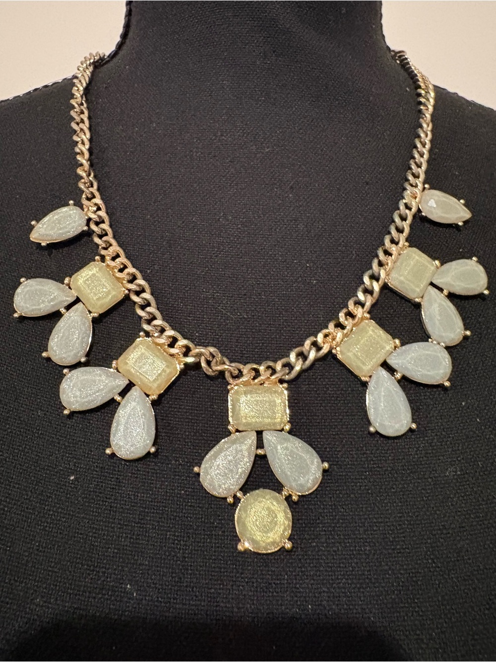 Gold-Tone Statement Bib Necklace with Pale Green and Pearlescent Stones